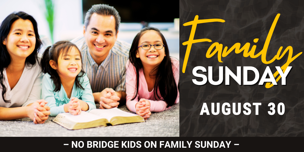 Family Sunday - couple with 2 kids reading the bible. August 30. No kids' classes on Family Sunday.